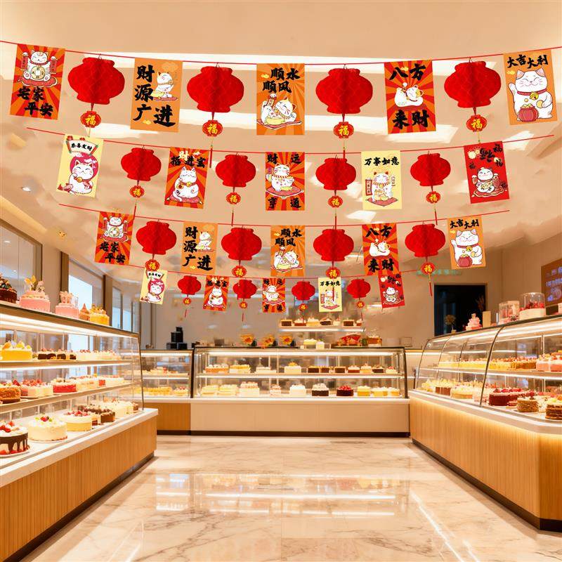新年氛围布置装饰挂件店铺吊顶灯笼拉旗喜庆贺年挂饰马年吊旗商用