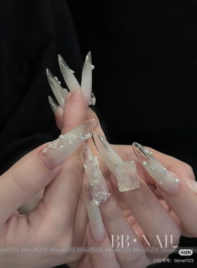 纯色美甲白月光纯欲风长款指尖生花半手工冰花新款白开水穿戴甲