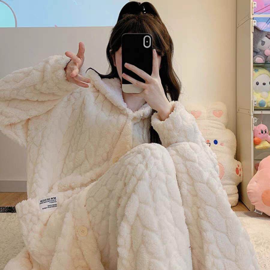 CariaKnar仙女珊瑚绒睡衣女秋冬季睡袍长款加绒加厚家居服超福利