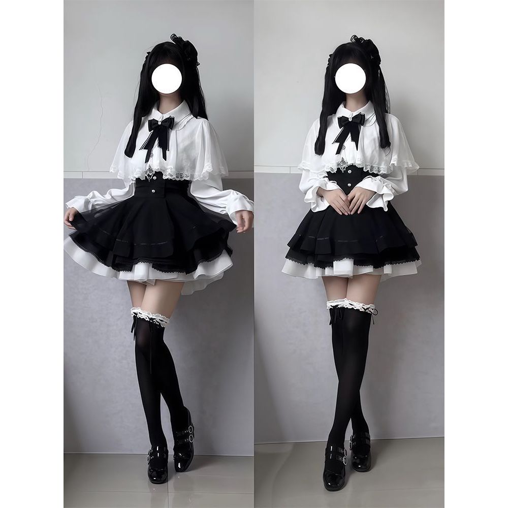 【黑白花信 】斗篷衬衫+短裙两件套女甜美日系蝴蝶结穿搭新款冬季