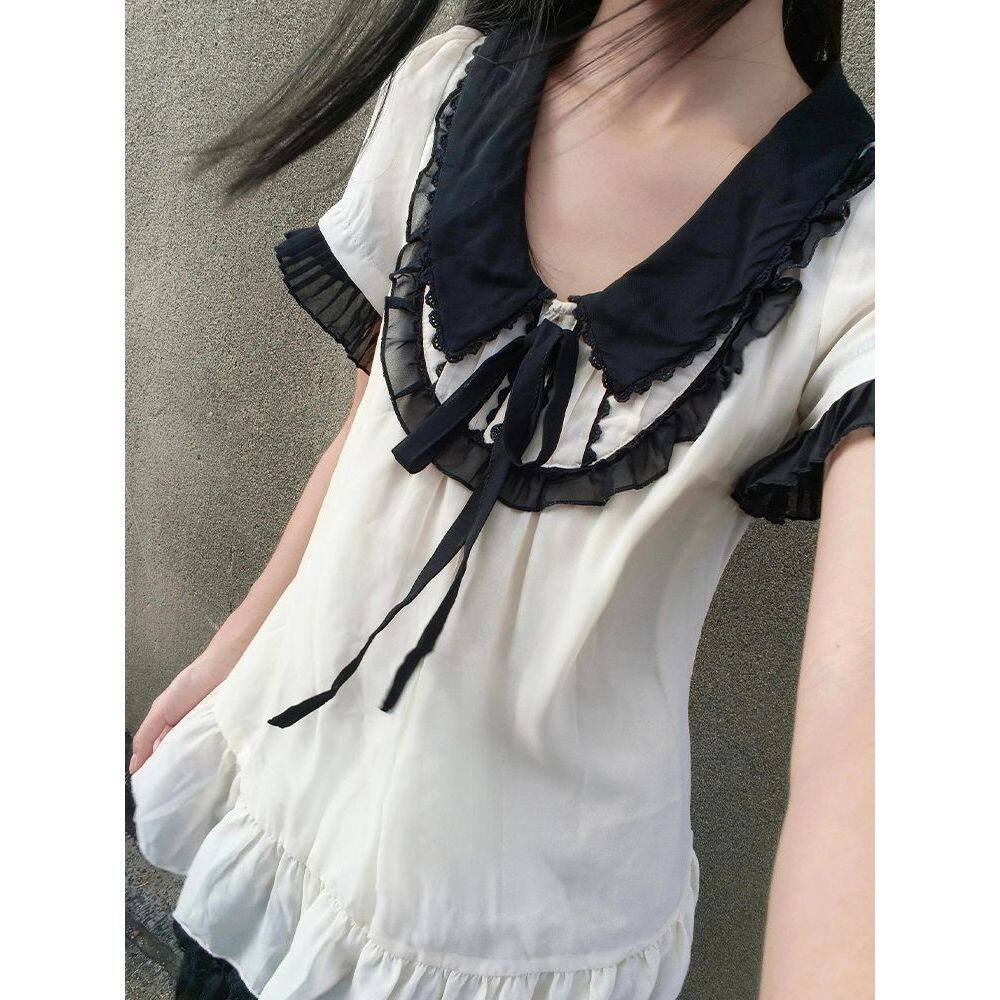 【昭和往事】古着黑白拼接上衣+黑色短裙两件套夏季新款古早穿搭