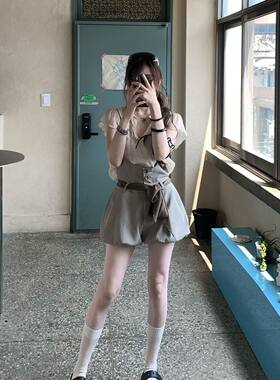 茶系甜心 日系减龄学院风小飞袖衬衫+花苞背带短裤显瘦百搭两件套