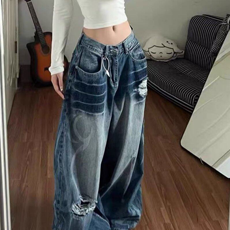 美式复古水洗破洞弯刀牛仔裤女夏季新款街头宽松显瘦阔腿拖地裤子