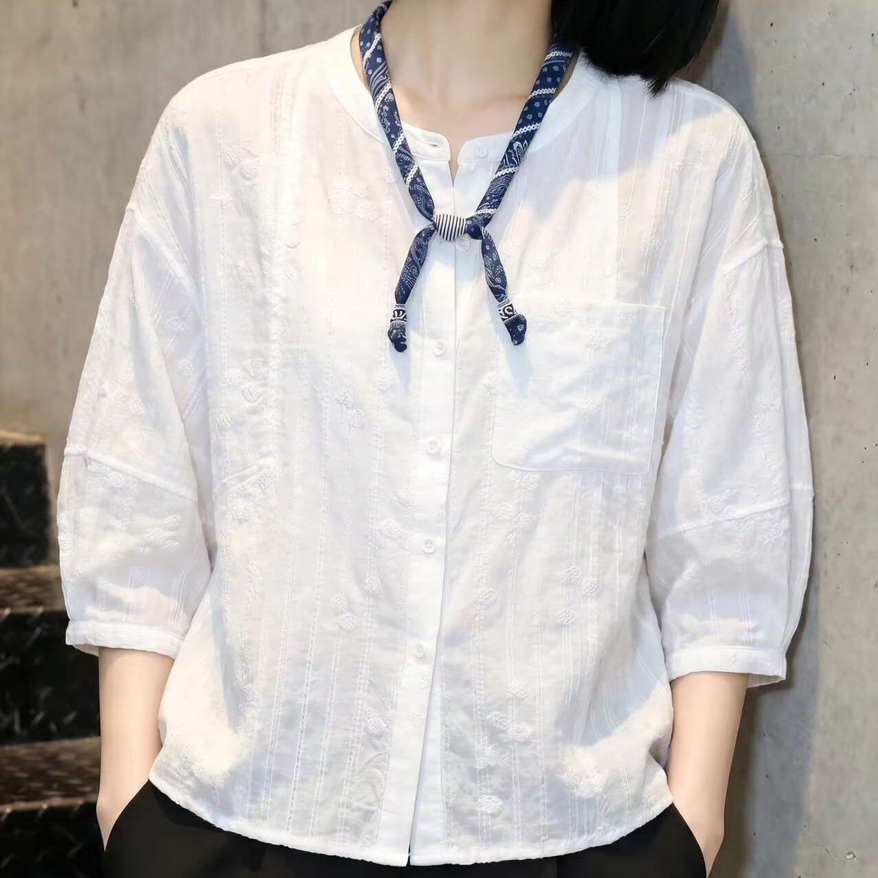 七分袖衬衫女2026夏季新款高级洋气白色衬衣宽松刺绣上衣