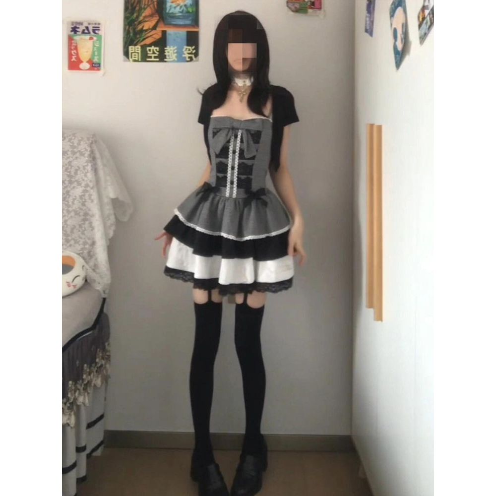 蕾夕莉莉 蕾系灰条纹拼接蝴蝶结吊带蓬蓬蛋糕连衣裙短袖开衫套装