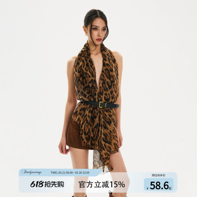 FINDYAWINGS《豹纹辣妹》豹纹印花雪纺网纱设计长款百搭围巾