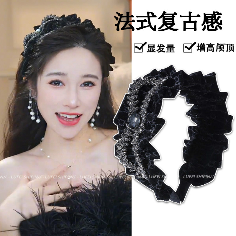 秋冬丝绒水钻蝴蝶结发箍女2023年新款宽边褶皱头箍高颅顶发卡头饰