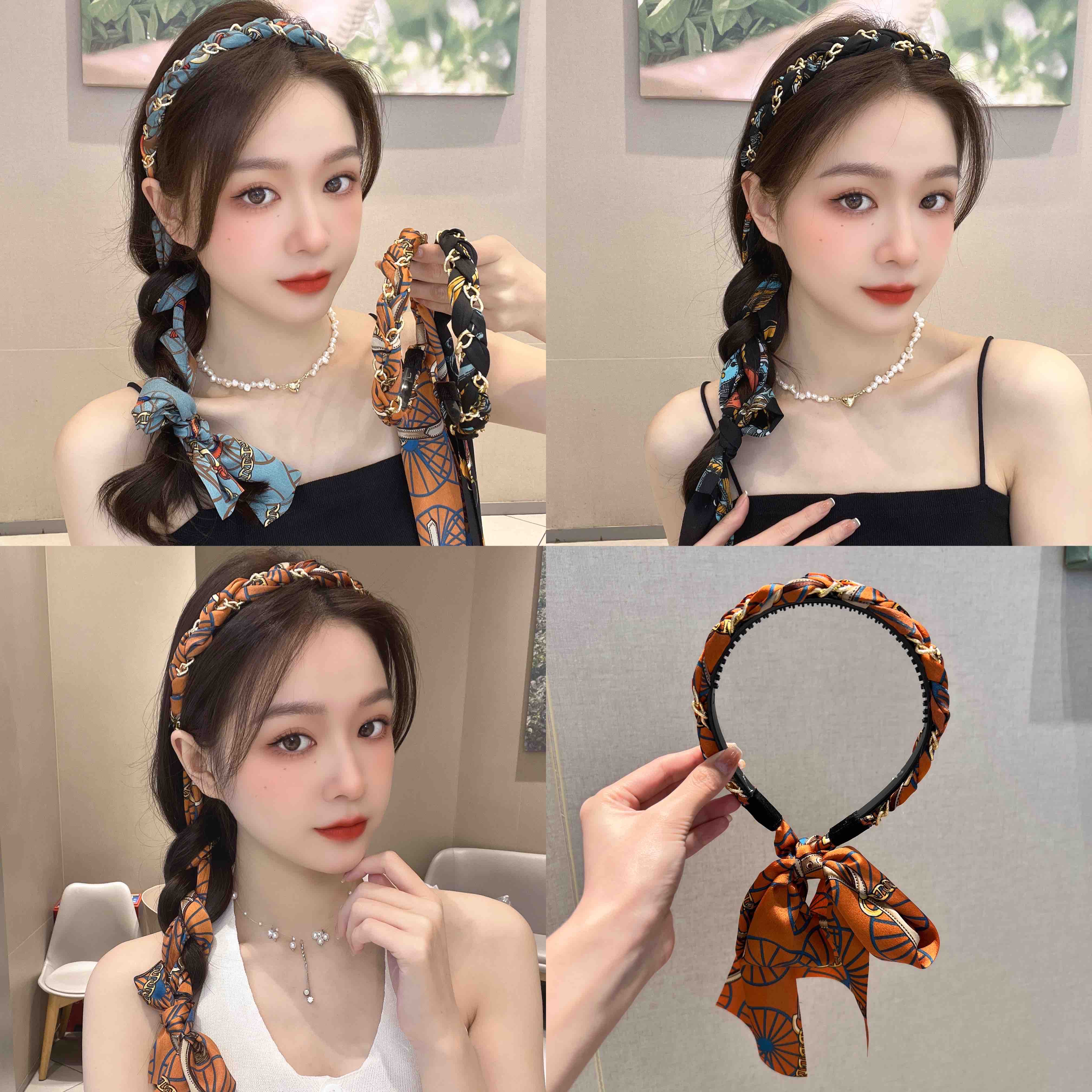 复古链条发箍缎面布艺压发卡头箍飘带发带女绑发一体系编发头饰夏