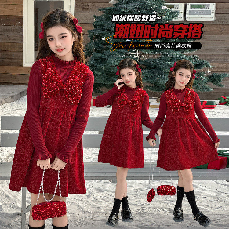 女童加绒连衣裙2026新款秋冬女孩红色新年礼服裙子儿童拜年服冬装