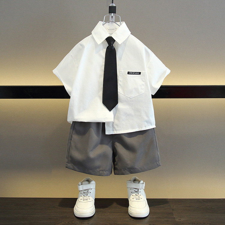男童礼服短袖t恤夏装套装演出服男孩主持人白色2025新款小童衬衫