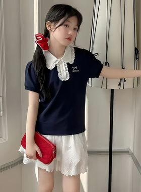 2026新款韩版蕾丝拼接翻领polo女童短袖蕾丝多层裙裤