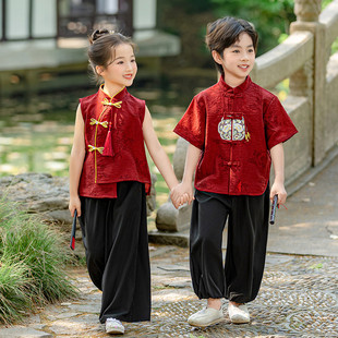 儿童新中式汉服套装夏季中国风男童唐装红色礼服幼儿园中秋演出服