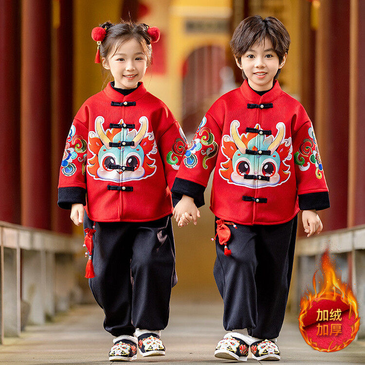 儿童汉服秋冬加绒套装男童唐装过年衣服中国风新年装宝宝周岁礼服