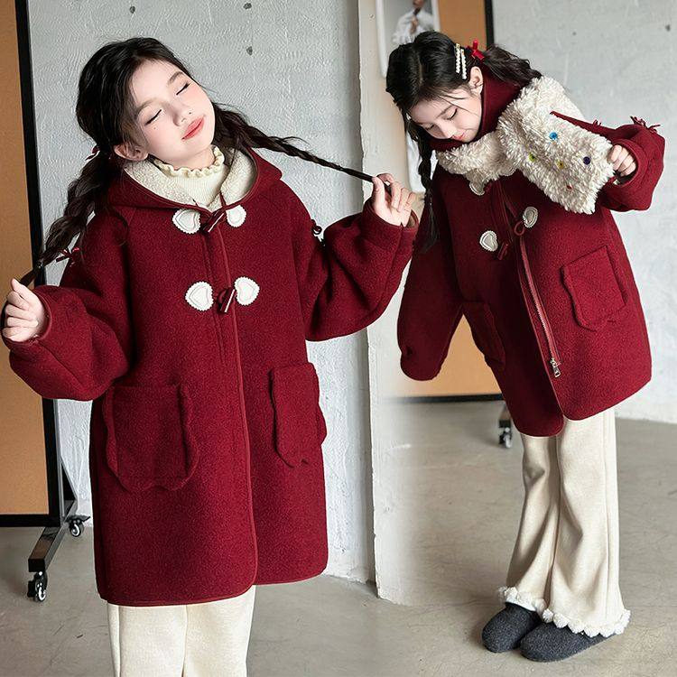 女童红色外套冬季2024新款女大童秋冬加绒加厚中长款连帽呢子大衣
