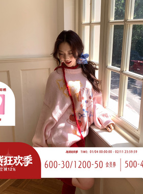 BJHG不计后果  慵懒风小狗涂鸦圆领针织毛衣女秋冬季俏皮宽松上衣