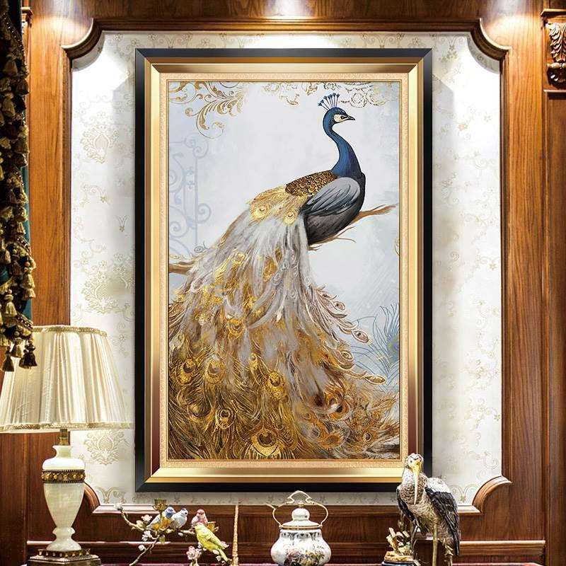 欧式美式玄关装饰画走廊过道壁画竖版孔雀入户墙画书房餐厅挂画