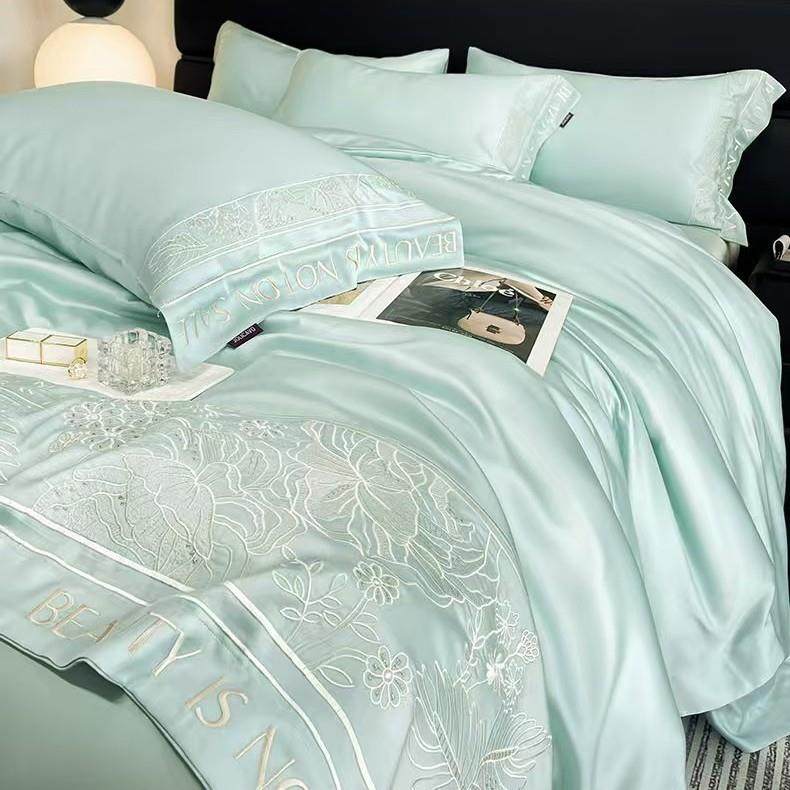 A类60支长绒棉四件套活性手工刺绣床单床笠款纯棉套件母婴级时尚