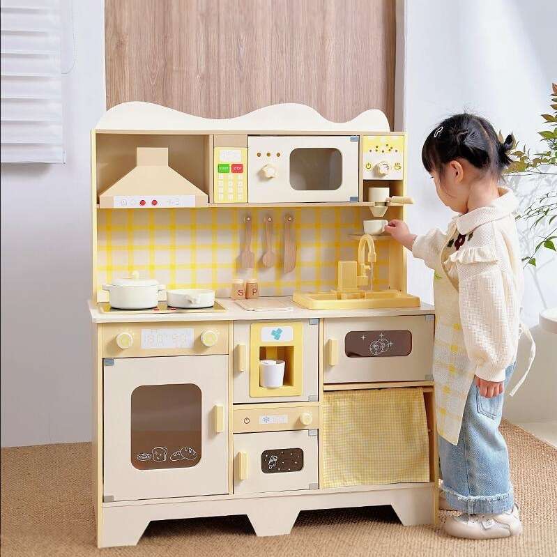 木质儿童仿真花型发声光电灶台厨房玩具出水池模拟做饭过家家套装