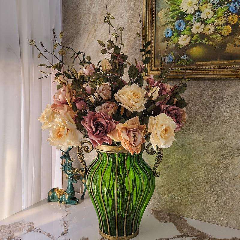 玻璃花瓶摆件客厅大号插花欧式复古绿色水培鲜花玄关边几美式轻D&
