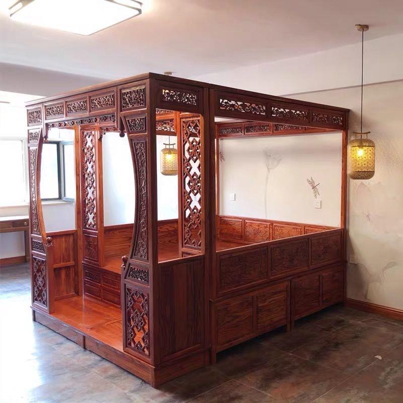 架子木床榆木双人床拔步床踏步床月洞床明清仿古婚床床头柜架子床
