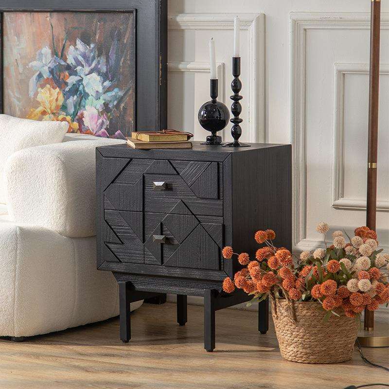 欧式轻奢卧室床头柜复古浮雕黑色储物柜子小户型家用抽屉边柜