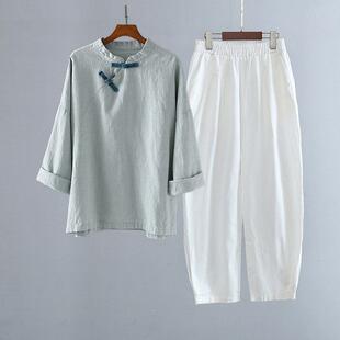 寺院居士服女款中式盘扣棉麻上衣亚麻衬衫佛系禅意素衣套装禅修服