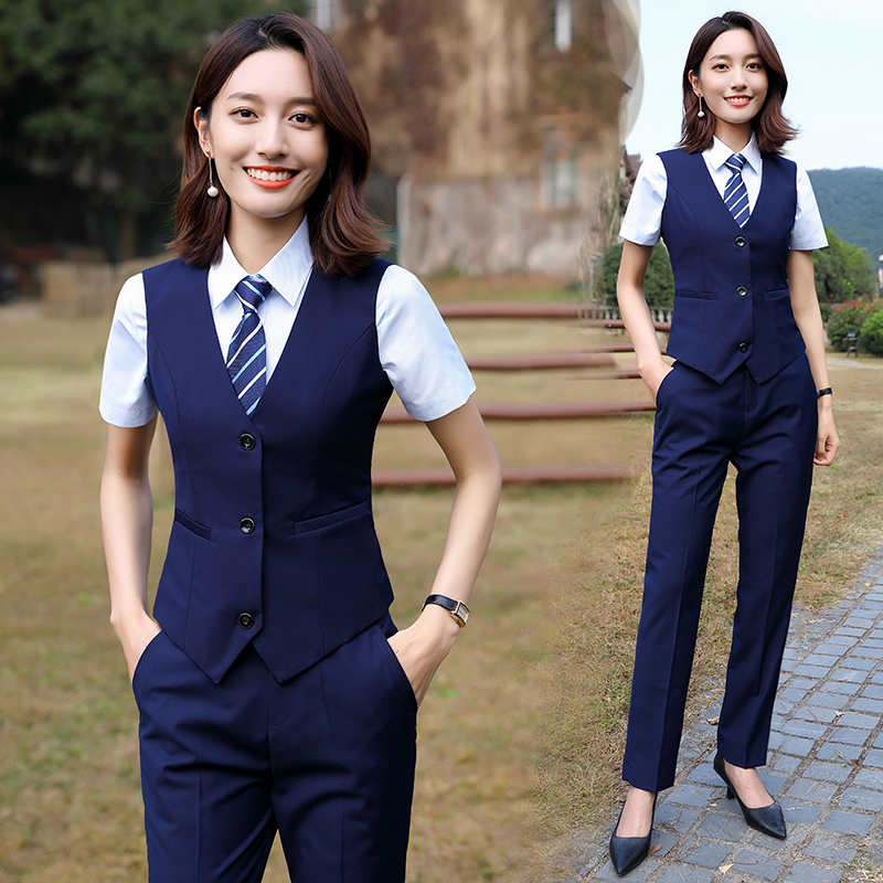 西装马甲女夏薄款职业黑色马夹套装工作服酒店背心坎肩两件套