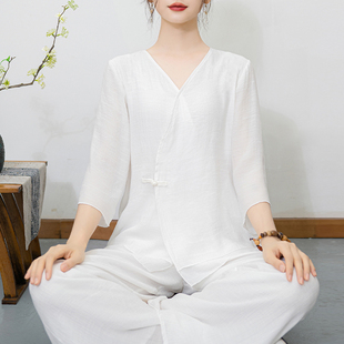 中国风佛系禅意素衣套装修行打坐棉麻禅服道服女装居士服女款茶服