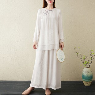 佛系居士服中国风禅意汉服套装女大码春秋仙气复古茶艺棉麻瑜伽服