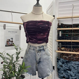 实拍 辣妹褶皱木耳边扎染印花网纱一字肩抹胸短款露脐背心 6602