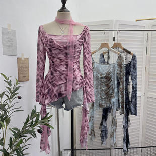 实拍复古y2辣妹格子印花网纱拼接蕾丝荡领T恤不规则飘带上衣8078