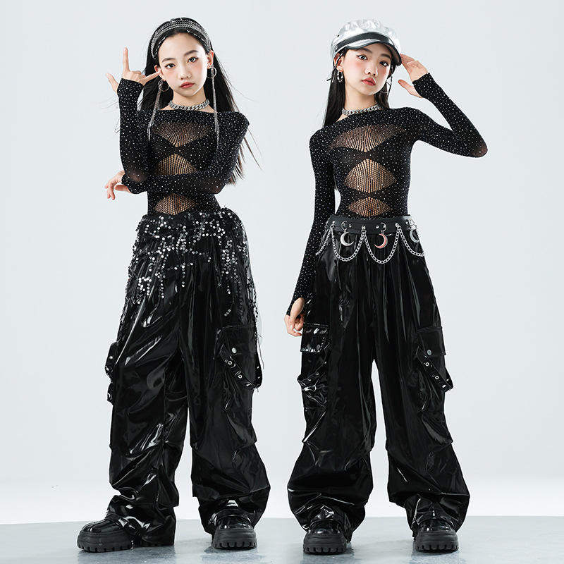 少儿爵士舞服装露脐网纱上衣皮裤套装jazz女童街舞潮服六一演出服