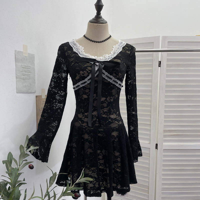 实拍 性感蕾丝系带蝴蝶结连衣裙秋装长袖辣妹打底短裙有内衬 6016