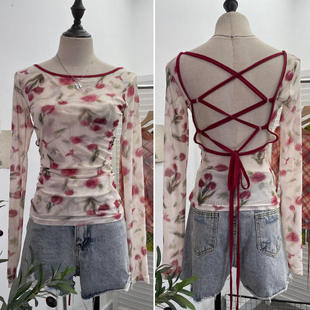 实拍 复古印花修身上衣撞色网纱绑带大露背薄款长袖打底衫T恤9939