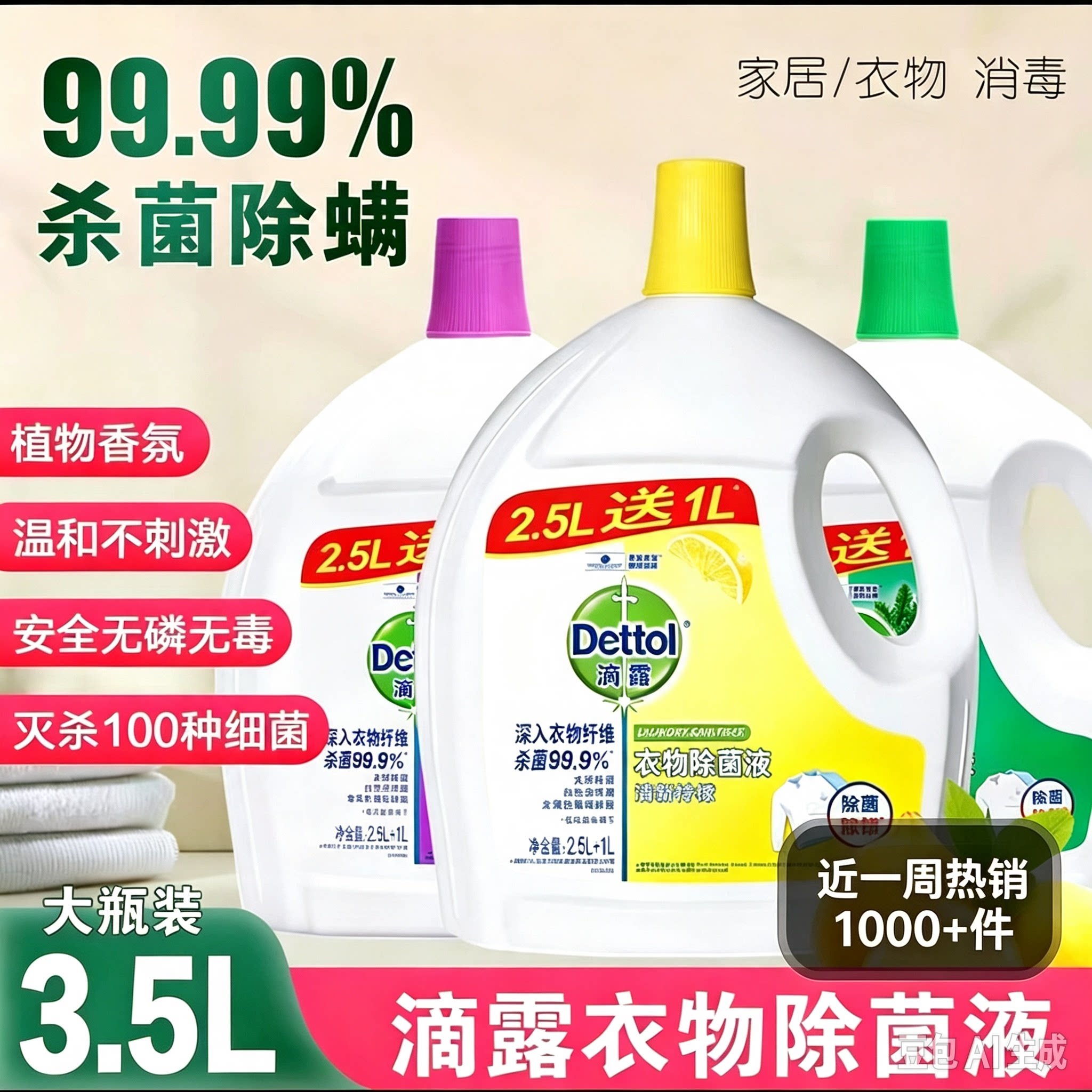 【补贴】衣物除菌液3.5L大瓶装家用柠檬抑菌杀菌除螨消毒内衣被子