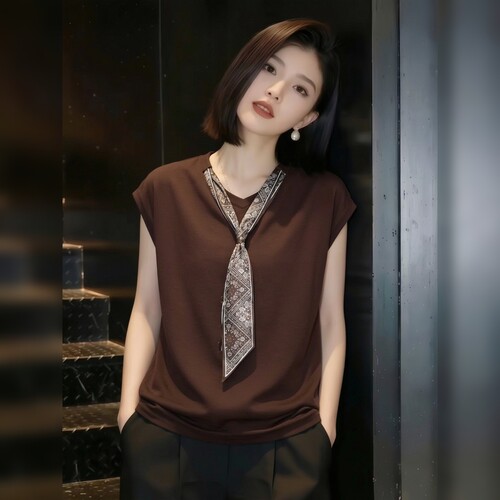pllfs 2026夏季新款轻熟优雅风短袖针织衫女棕色丝巾装饰休闲上衣