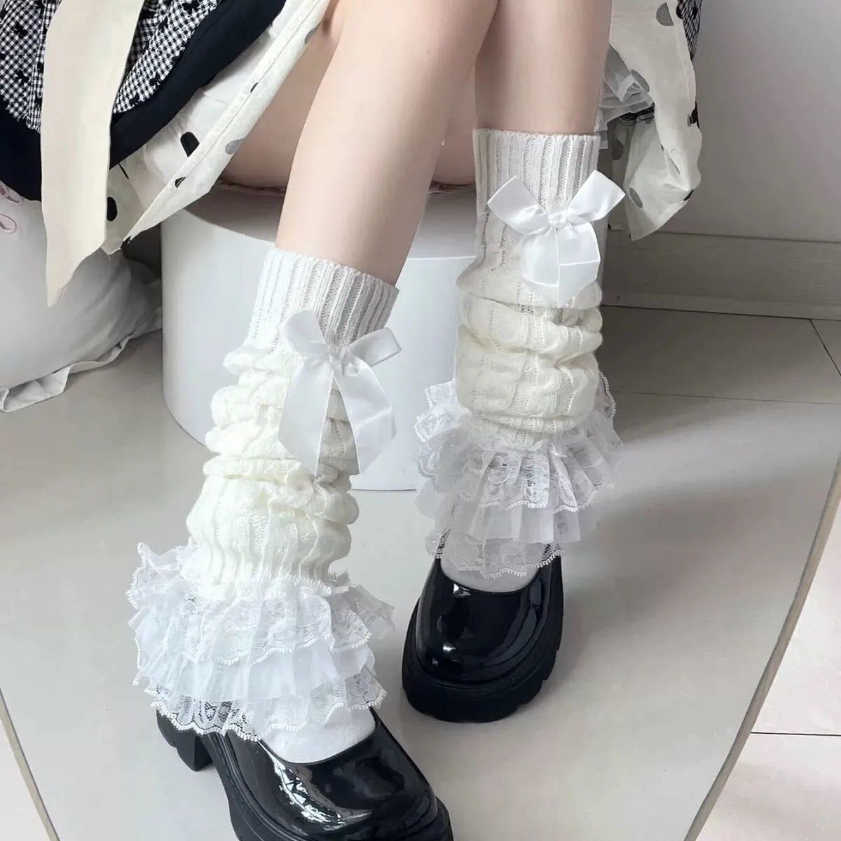 可爱白色针织堆堆袜套蕾丝洛丽塔小腿花边日系jk蝴蝶结袜子中筒