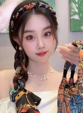 复古链条发箍宫廷缎面布艺发箍压发卡头箍飘带绑发一体系编发xr