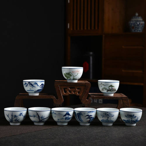 手绘茶杯陶瓷主人杯杯家用功夫茶具小杯子青花釉下彩茶碗