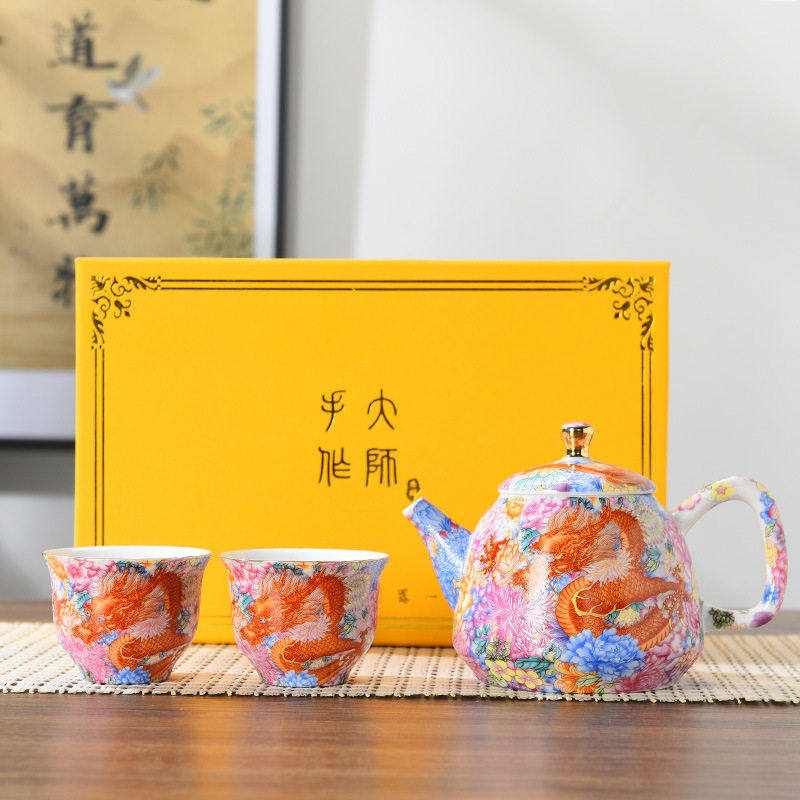 珐琅彩茶具套装陶瓷一壶两杯旅行宫廷风万花粉彩龙年伴手礼品盒装,餐饮具,功夫茶具,淘宝优惠券,粉丝福利购,淘宝优惠卷
