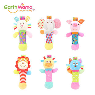 earthmama婴幼儿摇铃玩具动物手摇棒带BB器手摇鼓早教安抚玩偶