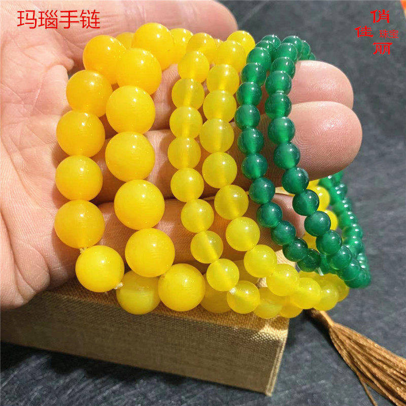 厂家 石英岩玉黄石黄龙玉老黄玉黄蜡石杂石手链手串礼品1.6cm