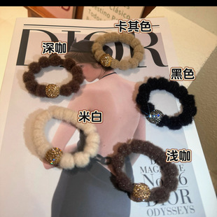 秋冬美拉德色系毛绒发圈高弹力气质轻奢水钻头绳扎丸子头发绳