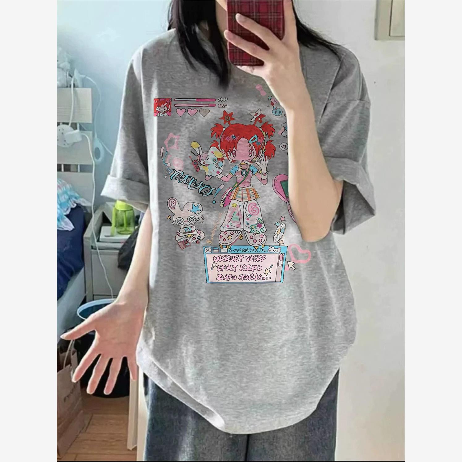 美式复古浅灰色纯棉短袖t恤女2025夏季新款宽松可爱百搭学生上衣