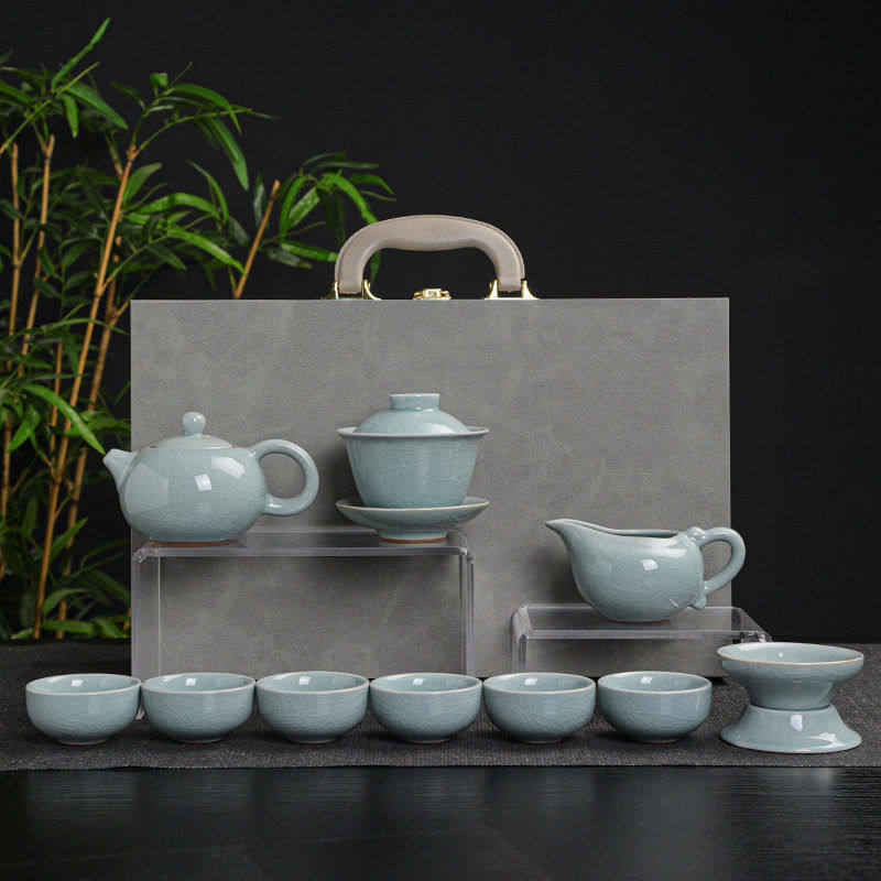 汝窑茶具套装家用陶瓷功夫茶具泡茶杯子盖碗茶壶送礼盒装客厅公