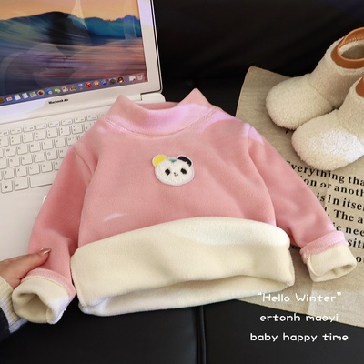 2025新款秋冬女童高领卡通加绒保暖打底衫中大童舒适加厚上衣童装