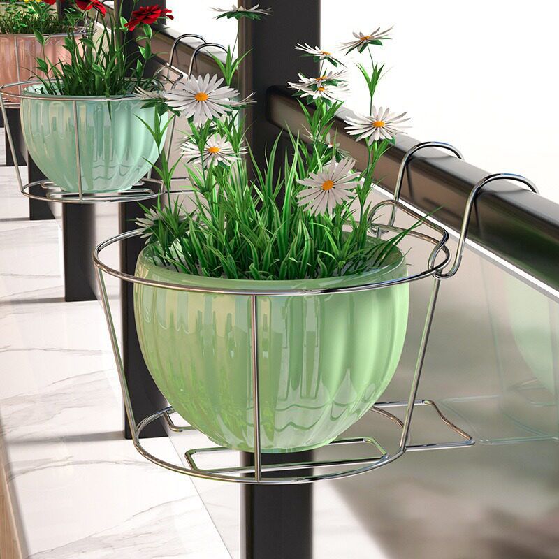 不锈花盆架阳台栏杆挂架圆形花盆架壁挂花篮不锈钢花架花盆挂架无图片