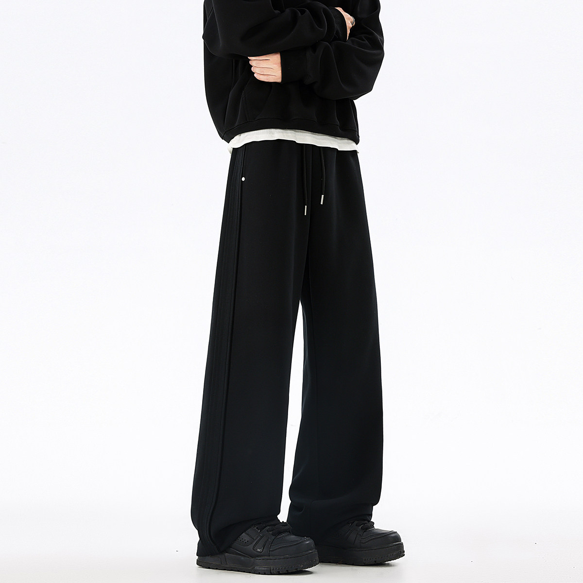 三分焦点 黑色重磅卫裤男士2025新款美式简约百搭加绒直筒长裤子,男装,卫裤,淘宝优惠券,粉丝福利购,淘宝优惠卷