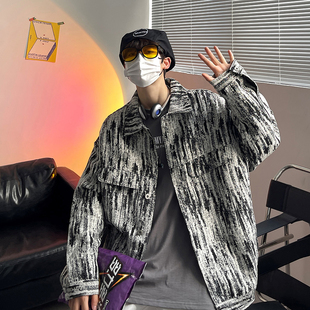潮牌宽松加绒加厚高级感痞帅夹克 新款 美式 扎染牛仔外套男女秋冬季
