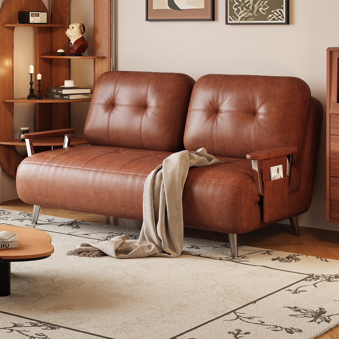 折叠沙发床一体两用中古风2025新款油蜡皮伸缩床客厅小户型单人床